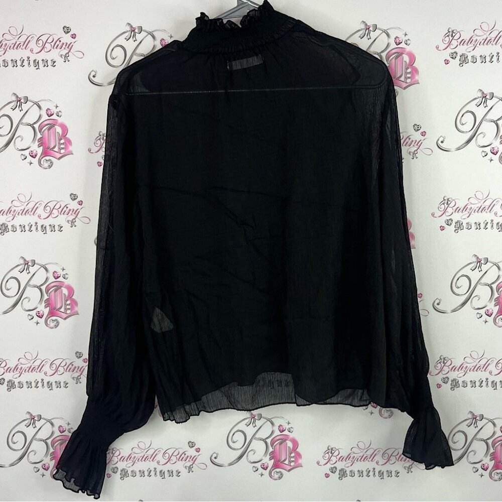 OAK + FORT long sleeve Black Sheer style bubble sleeve ruffle Blouse